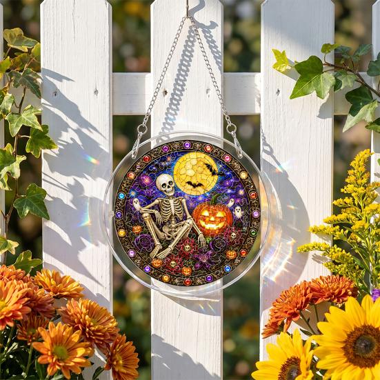 Yangyizhi Acrylic Jigsaw Puzzle Suncatcher, Stained Glass Style Halloween Skeleton Ghost Sun Catcher for Gothic Window Wall Hanging Decor
