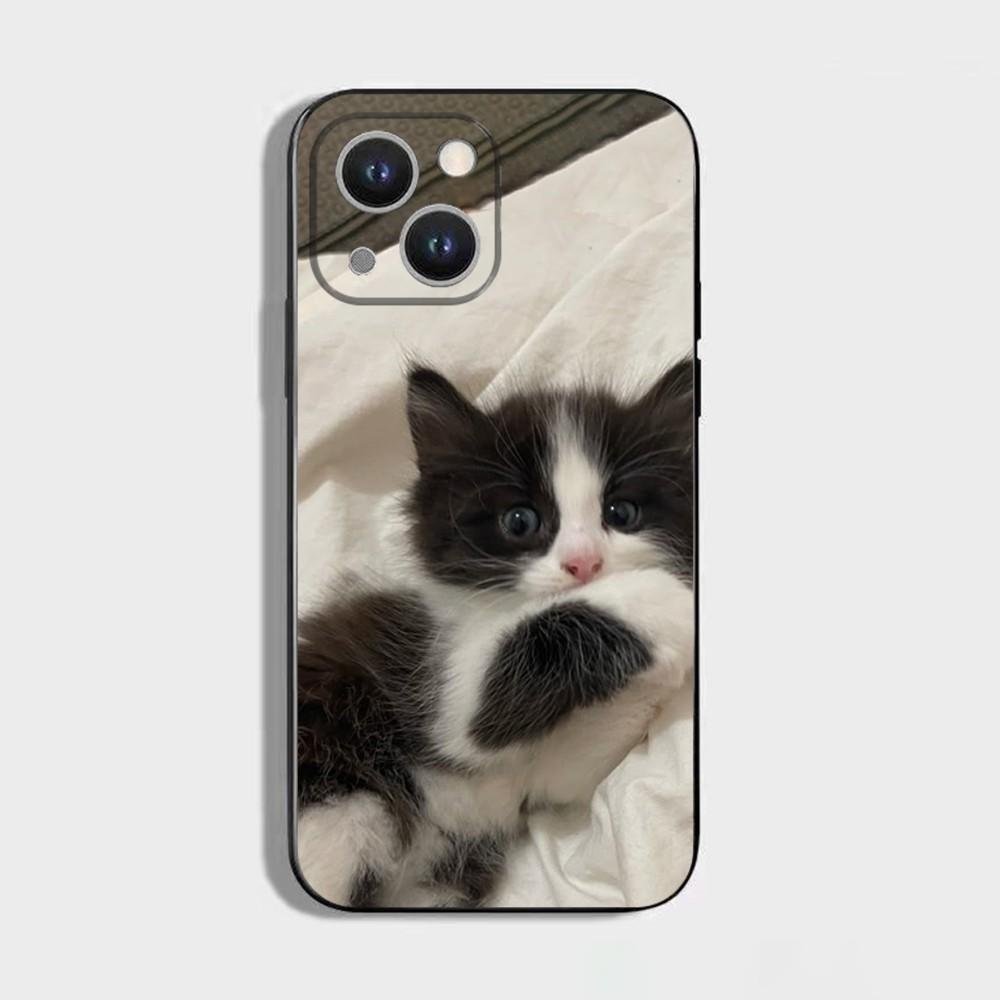 1PC Cute Black and White Cat Phone Case For iPhone 16 15 Plus 14 13 Pro Max 12 Mini 11 X XS XR 7 8 8Plus Black Soft Phone Coque