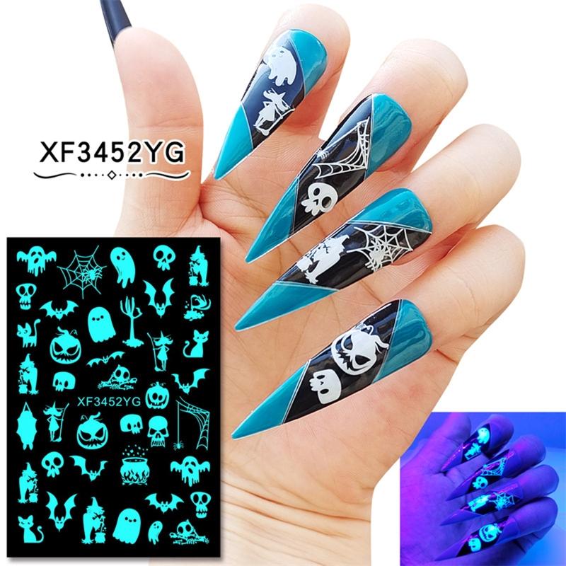 12sheet Luminous Halloween Nail sticker Fluorescent Stickers Glow In The Dark Self Adhesive Halloween Nail Art Stickers