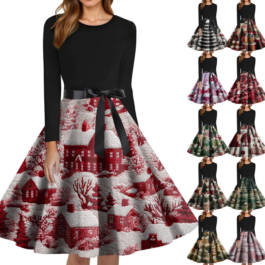 Women's Fashion Round Neck Slim-Fit Christmas Print Long-Sleeved Dress