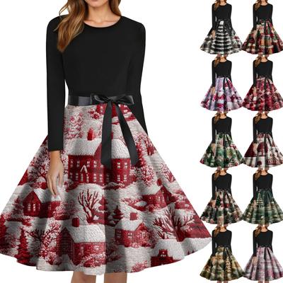 Damenmode Rundhals-Kleid mit schmaler Passform und Weihnachtsmuster, langen Ärmeln