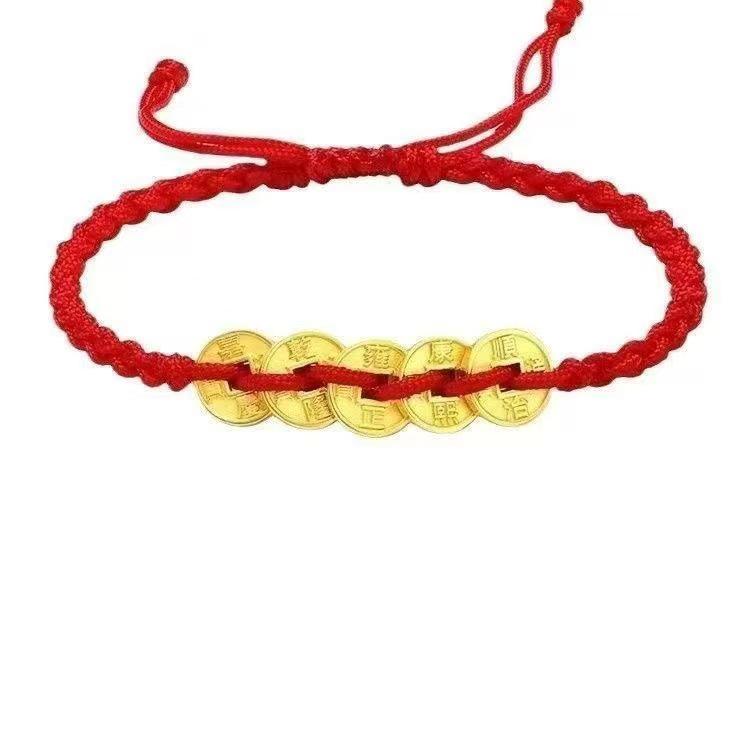 Fashionable Red Woven Bracelet with Five Emperors Copper Coins and Golden Pendant