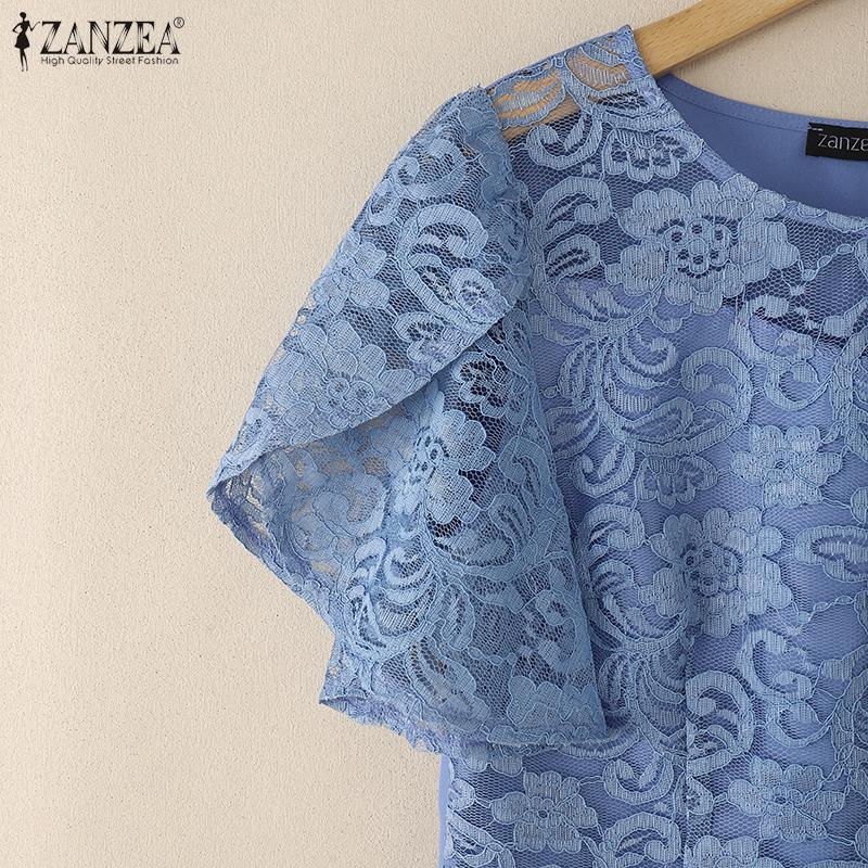 ZANZEA Women Casual Round Neck Short Sleeve Patchwork Lace Blouse