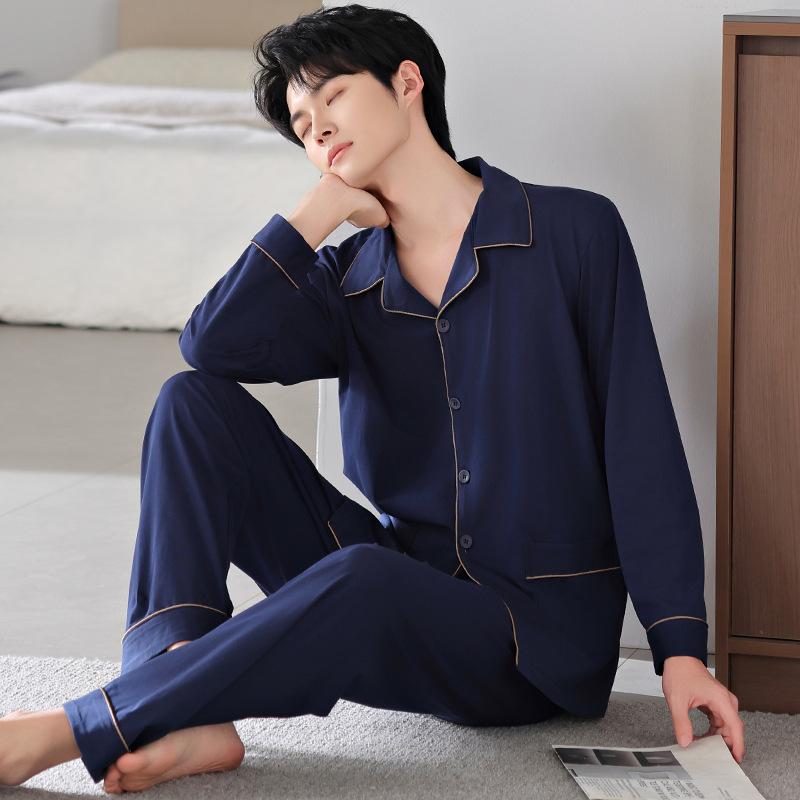 Pure Cotton Pajamas Men'S Spring And Autumn Cotton Long-Sleeved Suit Simple Large Size Can Be Worn Outside Loungewear Men