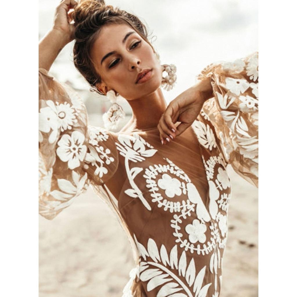 New European American Style Deep V Backless Tulle Embroidery Puff Sleeve Dress Evening Party Gown