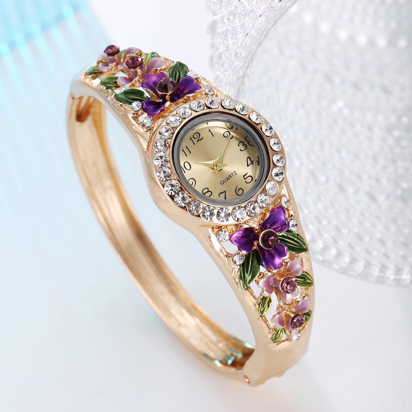 Women s Rhinestone Flower Watch Bangle Quartz Wristwatch
