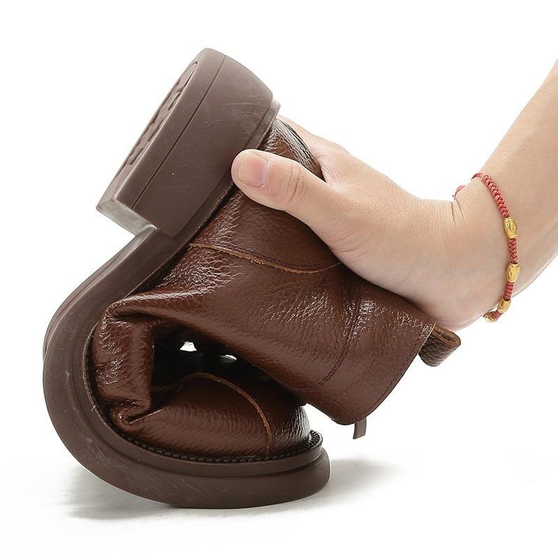 Autumn new first-layer cowhide mid-heel soft-soled women's short boots retro casual leather Martin boots warm women's cotton shoes