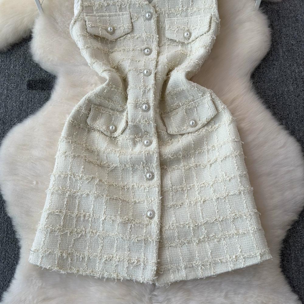 Letní ženy Sladké kostkované tvídové tvídové šaty do kanceláře Work Party Mini Krátká vesta