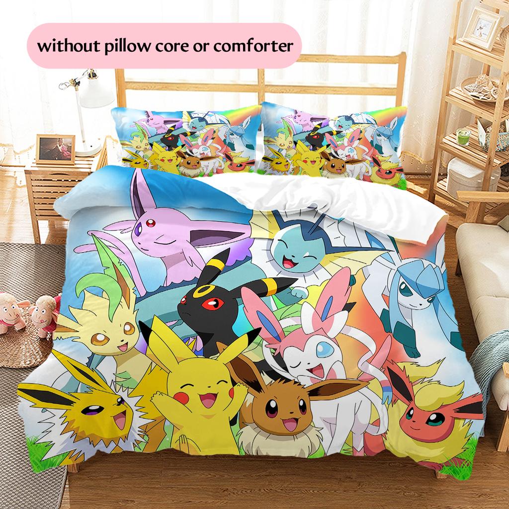 Pościel z Wzorem Pokémonów Dekoracja Domu Prezent Urodzinowy (1 * poszwa na kołdrę + 2 * poszewki na poduszki, bez rdzenia)