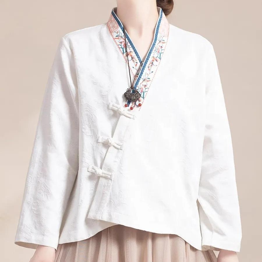 Placket embroidered disc-buckled cotton and linen long-sleeved cardigan women's casual loose spring and autumn top