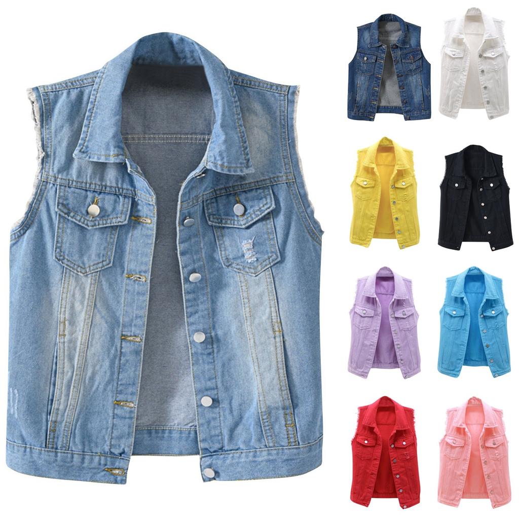 Women's Fashion Solid Color Sleeveless Pocket Short Style With Frayed Edges And Holes Cardigan Vest Jacket
