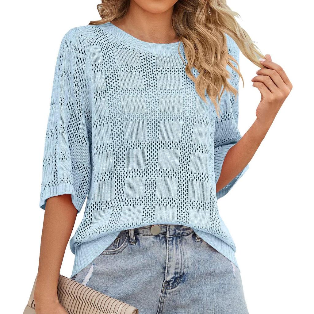 Camicette traforate tinta unita a mezza manica da donna, casual, stile Y2k, magliette in maglia, leggere, stile retrò, top estivi
