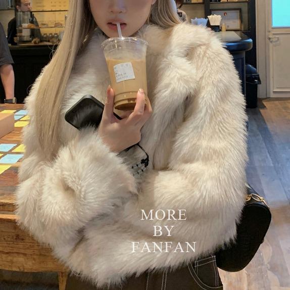 Women's Winter Fox Fur Coat - Short, Fluffy, Large Lapel Design