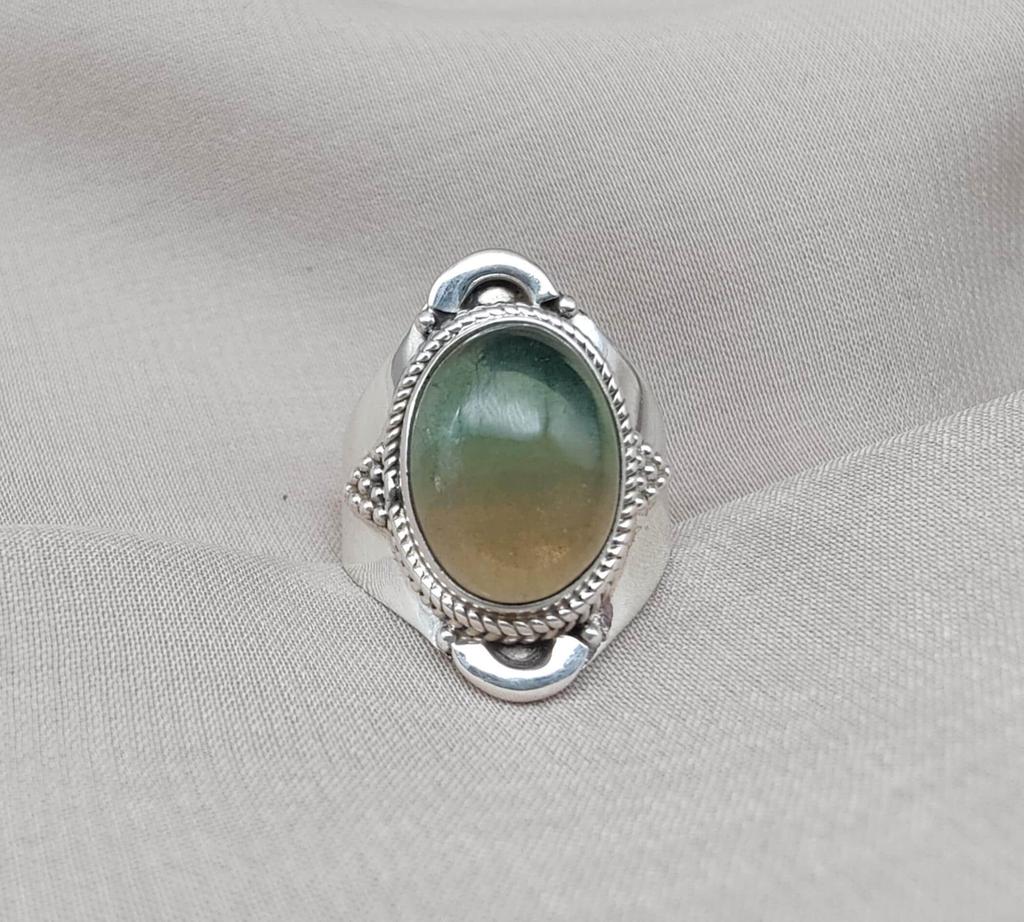 Fluorite Sterling Silver Ring: Green-Gold Crystal, Boho Healing Jewelry