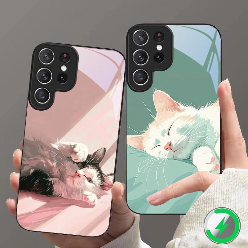 Cute White Flower Cat For Samsung S26 S20Ultra S21 Pro S22 Plus S23 FE S24 Ultra S25 For Magsafe Edge Glass Phone Case