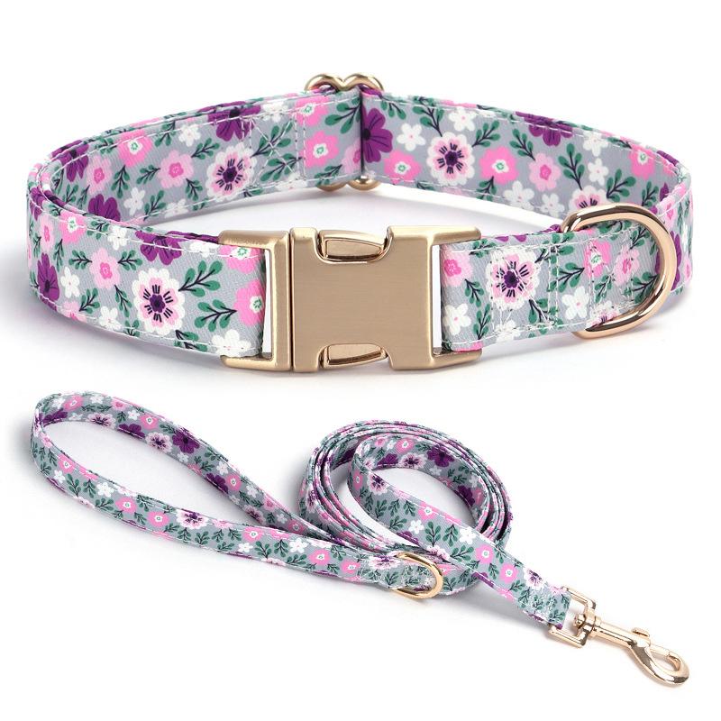 Floral Print Dog Collar and Leash Set Adjustable Soft Nylon Pet Collar with Metal Buckle Dog Lead for Daily Walking Training