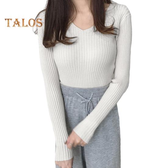 Moteriški viršūnės V formos iškirpte ilgomis rankovėmis Slim Fit megztinis megztinis Vienspalvis megztinis su rumbuota apačia Elastingas trikotažas