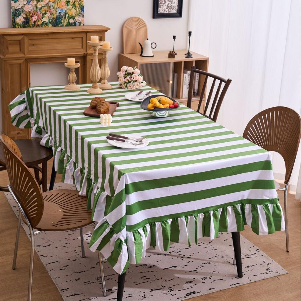Striped Ruffled Lace Tablecloth Round Dust Proof Wrinkle Resistant Table Cover for Kitchen Party Dining Decoration Table Cloth
