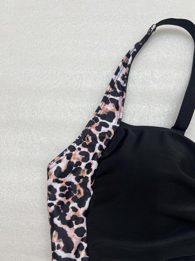 2026 Übergröße Damen Schlankmachender Schwarzer Leopardendruck Bikini Badeanzug