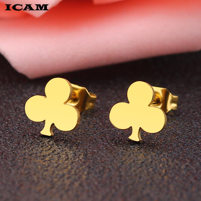 New Three Leaves Clover Flower Earrings Stainless Steel Poker Club Stud Earrings for Women Jewelry Gift