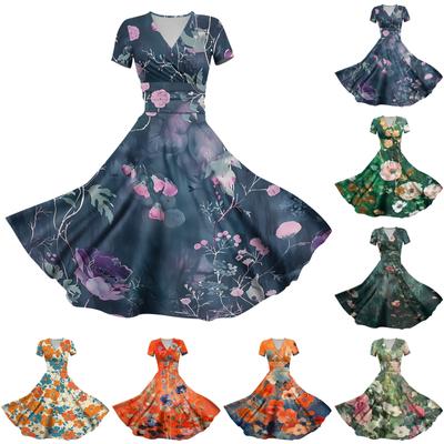 Women's Princess Dress Sexy V-neck Print Waist Pull Pleated Short Sleeve Dress