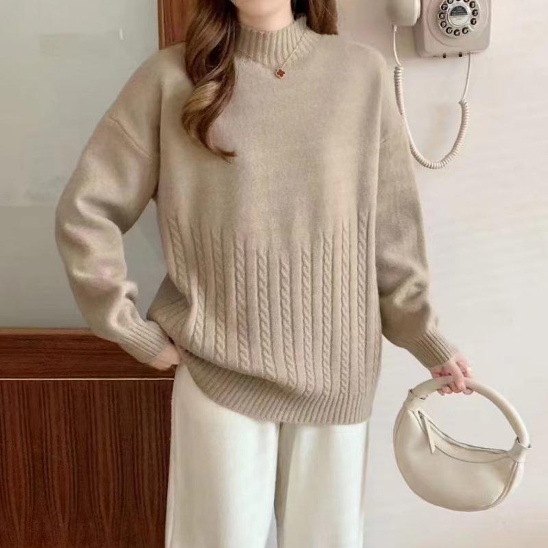 Semi-turtleneck Knitted Sweater with New Autumn and Winter New Twist Simple Lazy Sweater Bottoming Shirt