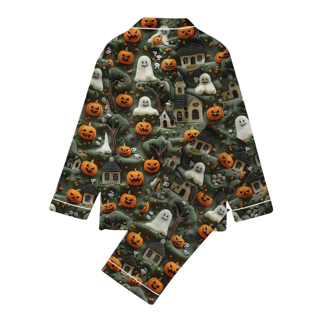 2-teiliger bedruckter Damen-Anzug, langärmelig, Oberteil mit Knopfleiste, weite Hosen, Anzug-Set, Schlafanzug, Home-Casual-Anzug