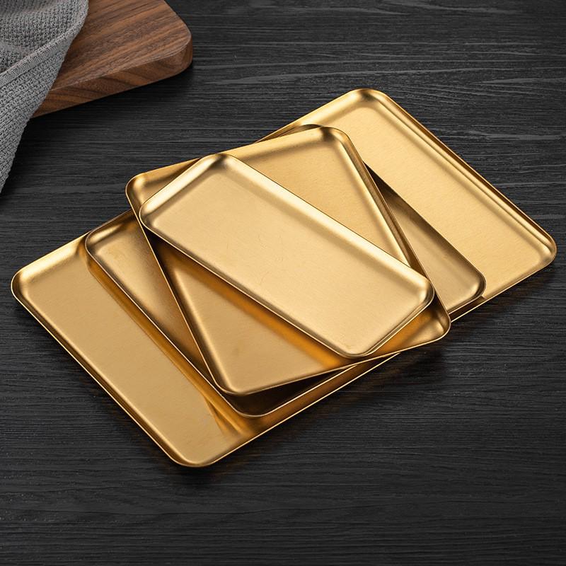 Korean Style Gold 304 Stainless Steel Rectangular Tray with Straight Edges: Perfect for Barbecue, Desserts, and Cakes