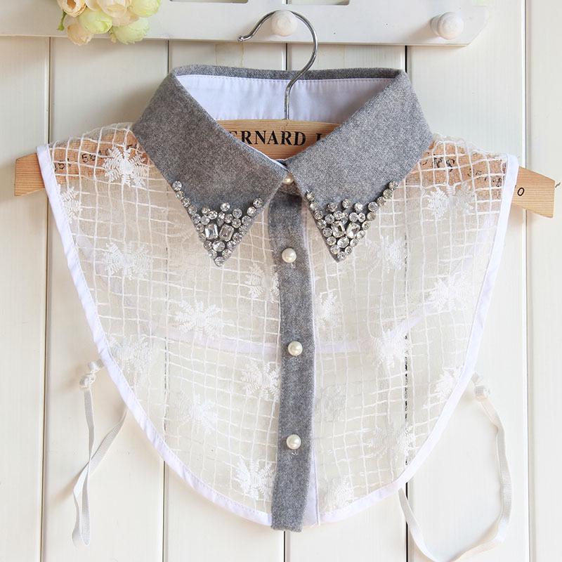 Korean Style Autumn/Winter Rhinestone Lace Detachable Grey Collar for Women s Shirts