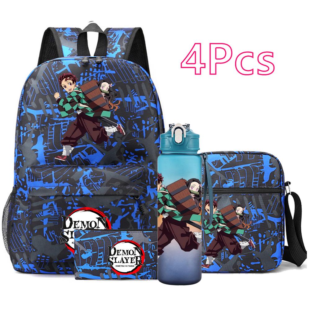 4 Pezzi/set Zaino Stampato Anime Demon Slayer Grande Capacità Borsa per Libri Borsa a Spalla Custodia per Borsa con Borraccia da 750ml Ragazzo Ragazza Zaino Impermeabile