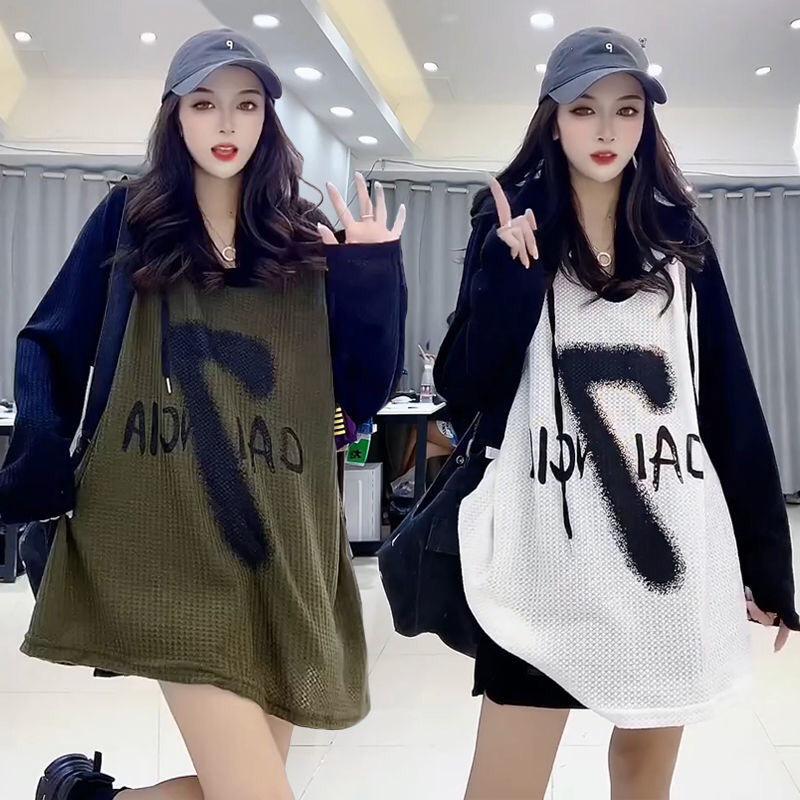 Plus Size Women's European Station Color Block Letter Print Long Sleeve T-shirt (2-300 Lbs)