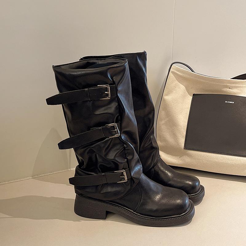 Modische vielseitige Stiefel mit runder Spitze und dickem Absatz für Damen, Herbst und Winter 2025, neu, mit Gürtelschnalle, dünne vielseitige Reiterstiefel