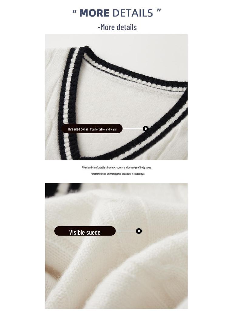 Men's College-Style 100% Wool Knitted Vest, Autumn/Winter Cable Knit, Contrasting Colors, Thickened Sleeveless Design