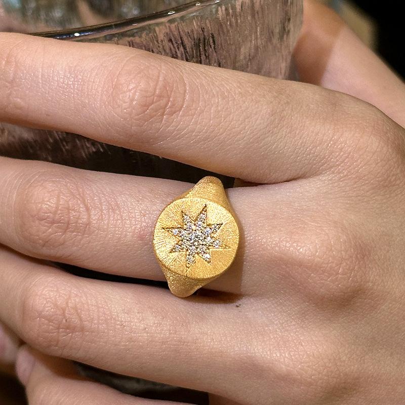 Classical brushed texture octagonal star rings for women charm vintage sparkling diamond inlay oval ring banquet gift