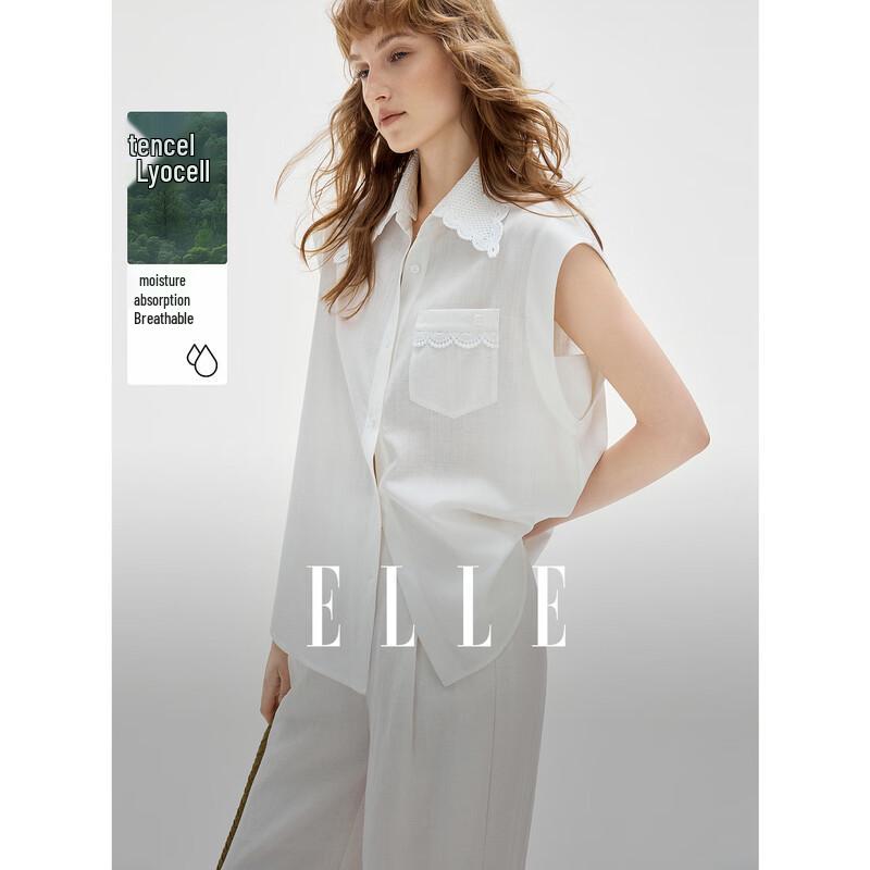ELLE Women s Hollow Lace Lyocell Casual Shirt L