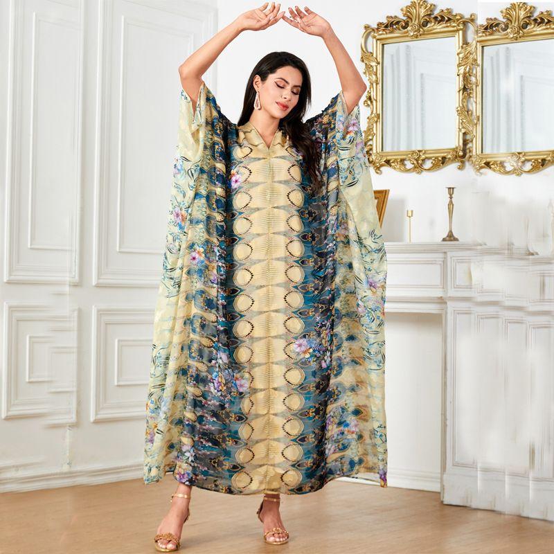 Indonesia Middle East Plus Size Women's Amazon Cross-Border Dress Djellaba V Neck Print Batwing Sleeve Dress Dress