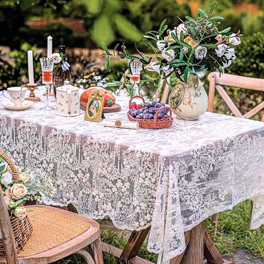 

French Embroidery Lace Tablecloth Rectangular Vintage Floral Lace Table Cover for Kitchen Dining Banquet Wedding Home Decor 135x100cm білий