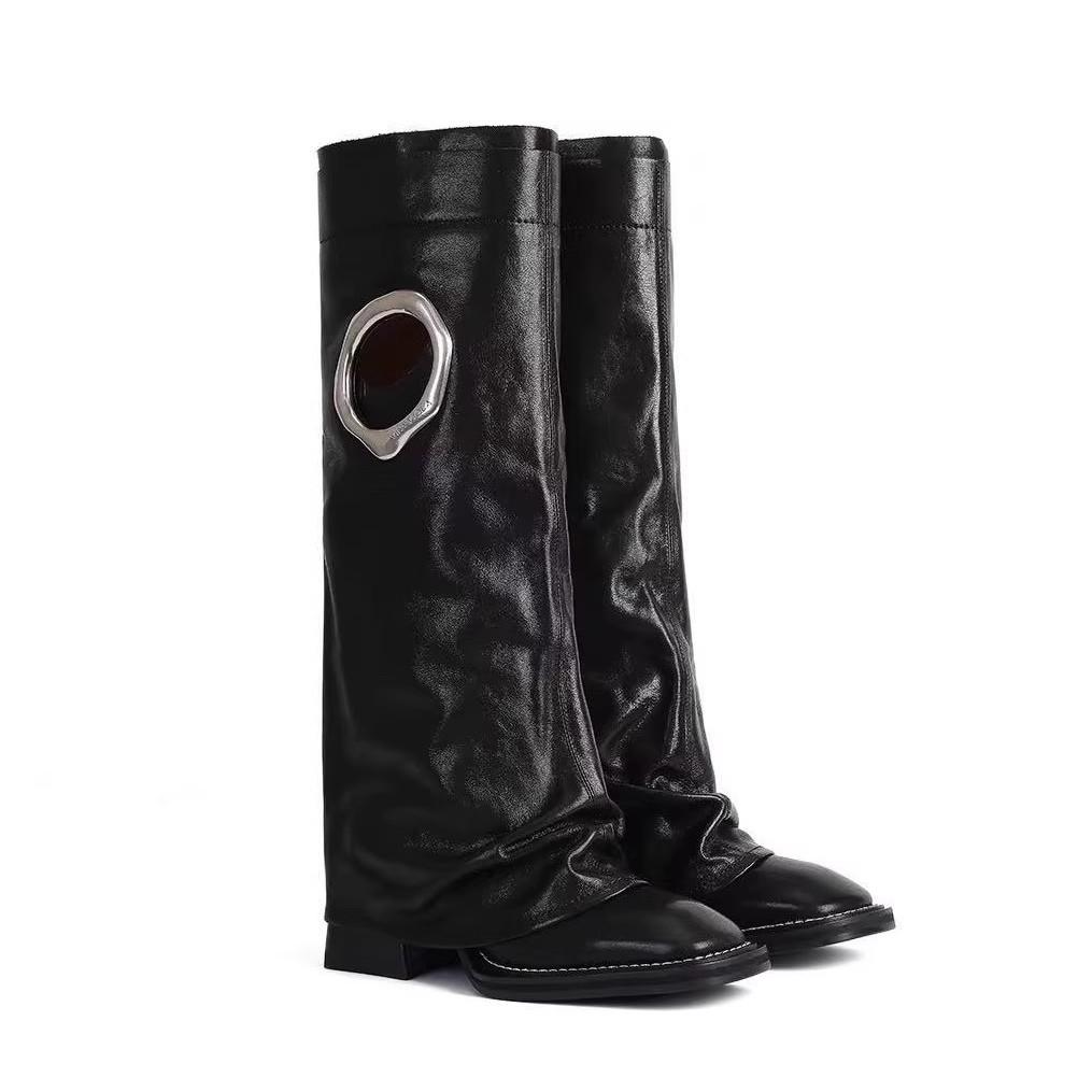 Fashion Brand Fashion 2025 New Autumn And Winter Round Head Long Boots Leather Shoes Metal Knight Boots Fold Flat Boots Punk Style
