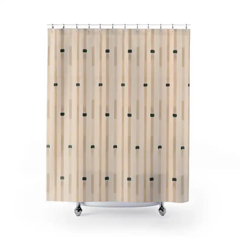 

Beige Japanese Shima-Shima Bamboo Shower Curtain - Minimalist Japandi Decor, Elegant Reprint Bathroom Drape W60H190(CM)-1 Pcs
