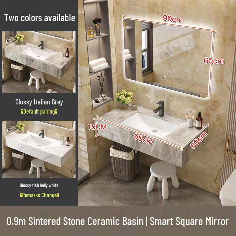 Modern Minimalist Sintered Stone Washbasin Set with Seamless Ceramic Sink, Bathroom Cabinet, and Mirror Storage Cabinet