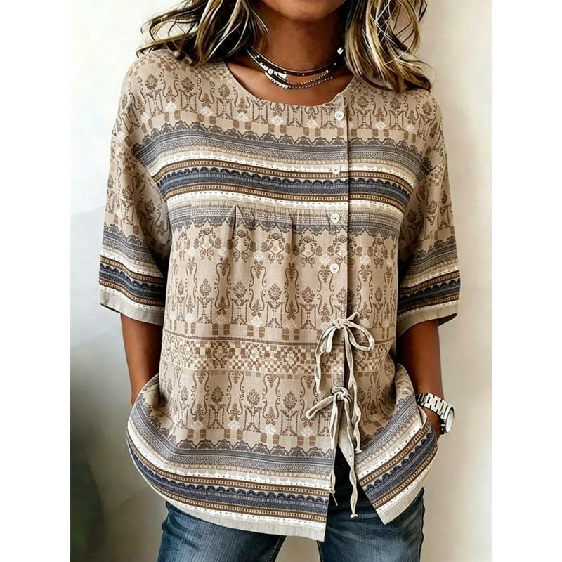Women's Spring Summer Drawstring Blouse, Retro Floral Greek Key Print Casual Tops for Daily Street Holiday Dating Leisure Outfit
