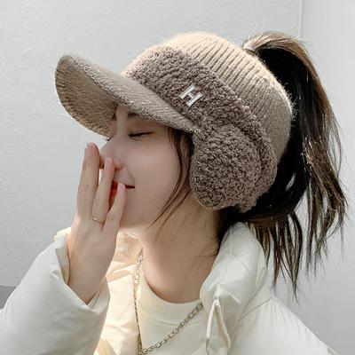 Fashion Trend With Earflaps Empty Top Baseball Caps Lambswool Knitted Women's Hat Autumn Winter Thicker Warm Cap