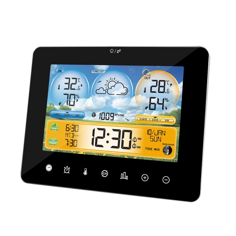 Smart Weather Station Wall Alarm Clock Color Touch Screen Thermometer Hygrometer Sun Time Moon Phase Barometer Forecast Sensor