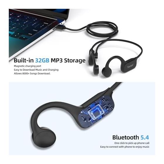 Tayogo Bone Conduction Earphones, Bluetooth 5.4 with Microphone, IPX8 Completely Waterproof, Wireless, Open Ear, 32GB Built-in Storage, Swimming