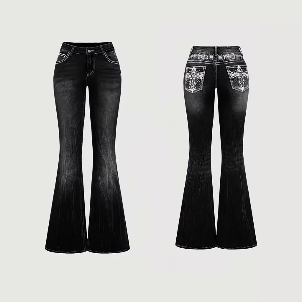 Modische Damen Schlaghosen Gesticktes Gesäßtaschendesign Mit Diamanten Akzentuiert Ganzjahresstil Mittlere Taille Lange Hosen