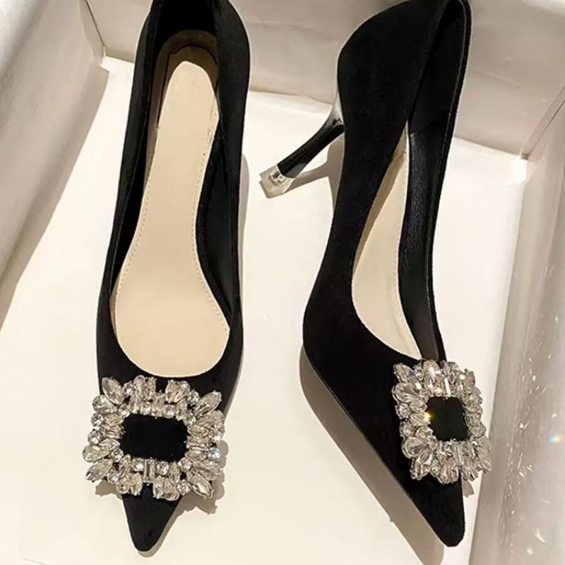 Fashion Women's Thin Heel Shoes Spring New Pointed Head Shallow Mouth Suede Rhinestone Buckle Non-slip High Heels