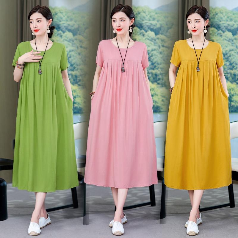 2 Neues hochwertiges florales Baumwoll-Seiden-Kleid für Damen-Sommer-Temperament, Bauchbedeckung für Mütter, große Größe künstliche Baumwolle langer Rock