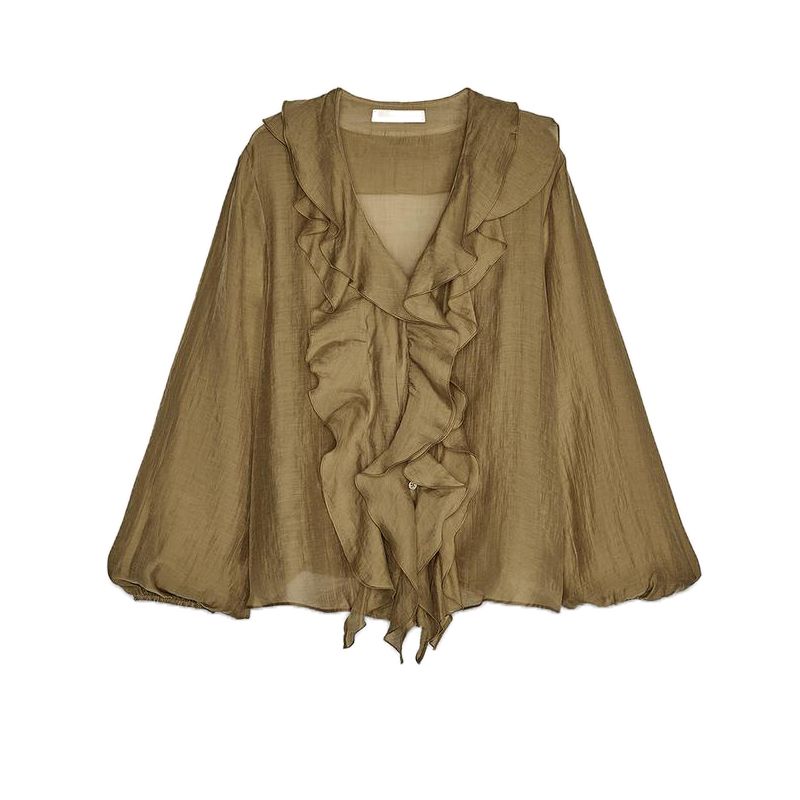 

Spring New Women s Clothing Lyocell Blended Decorated Row Button Laminated Decoration V-neck Long Sleeve Shirt 9479040 Mustard color L