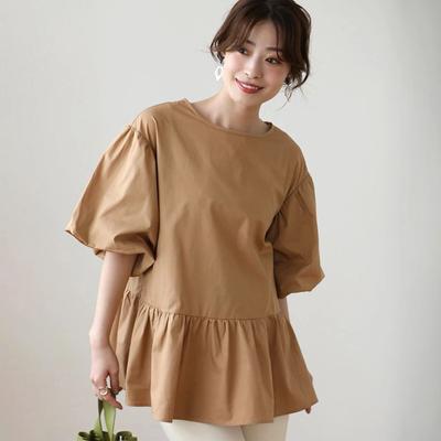 Summer Crew Neck Cotton Shirt Women's Balloon Sleeve Design Sense Niche Shirt