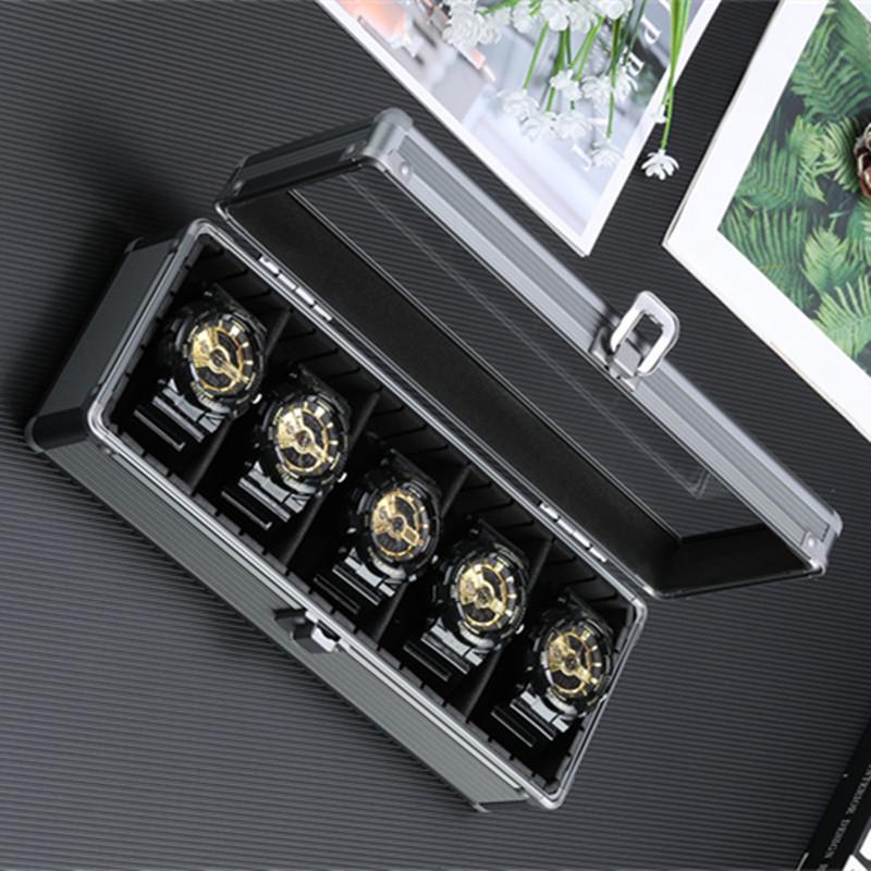 Smoky Grey Aluminum Alloy Multifunction Watch and Jewelry Display Box with Transparent Lid